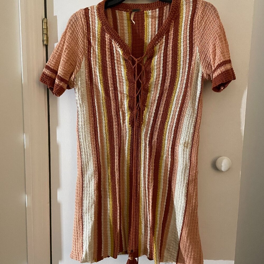 Free People Yarn Knit Tie-Front Mini Dress — Extra Small/Petite - Rust Stripes
